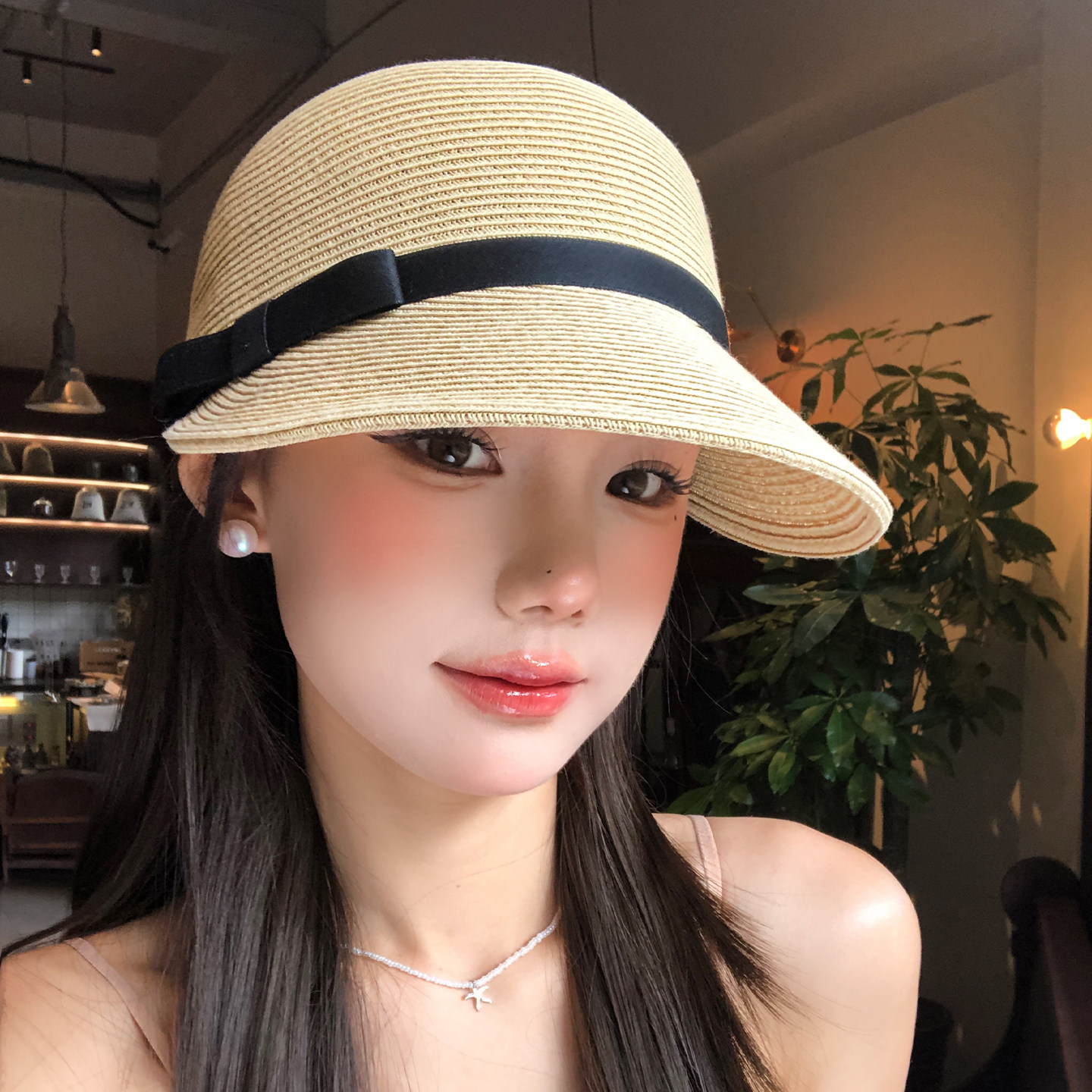 法式蝴蝶结圆顶鸭舌草帽女夏度假风大帽檐遮阳显脸小草编马术帽子