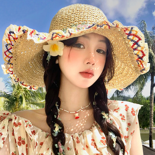 度假风彩色花边编织草帽女夏季