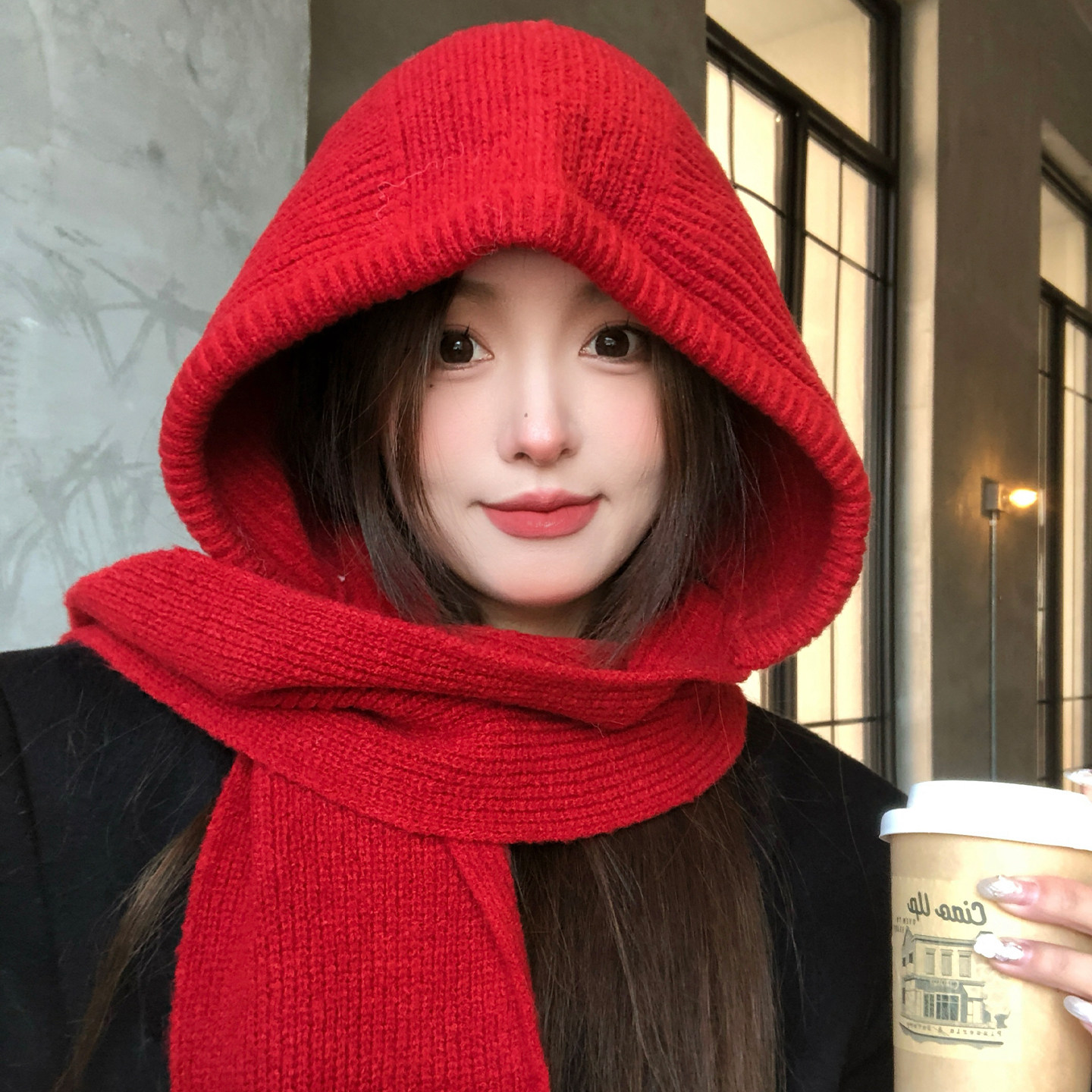 红色巴拉克拉法帽女冬季保暖针织帽加厚毛线帽子围巾一体连帽围脖