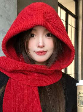 红色巴拉克拉法帽女冬季保暖针织帽加厚毛线帽子围巾一体连帽围脖