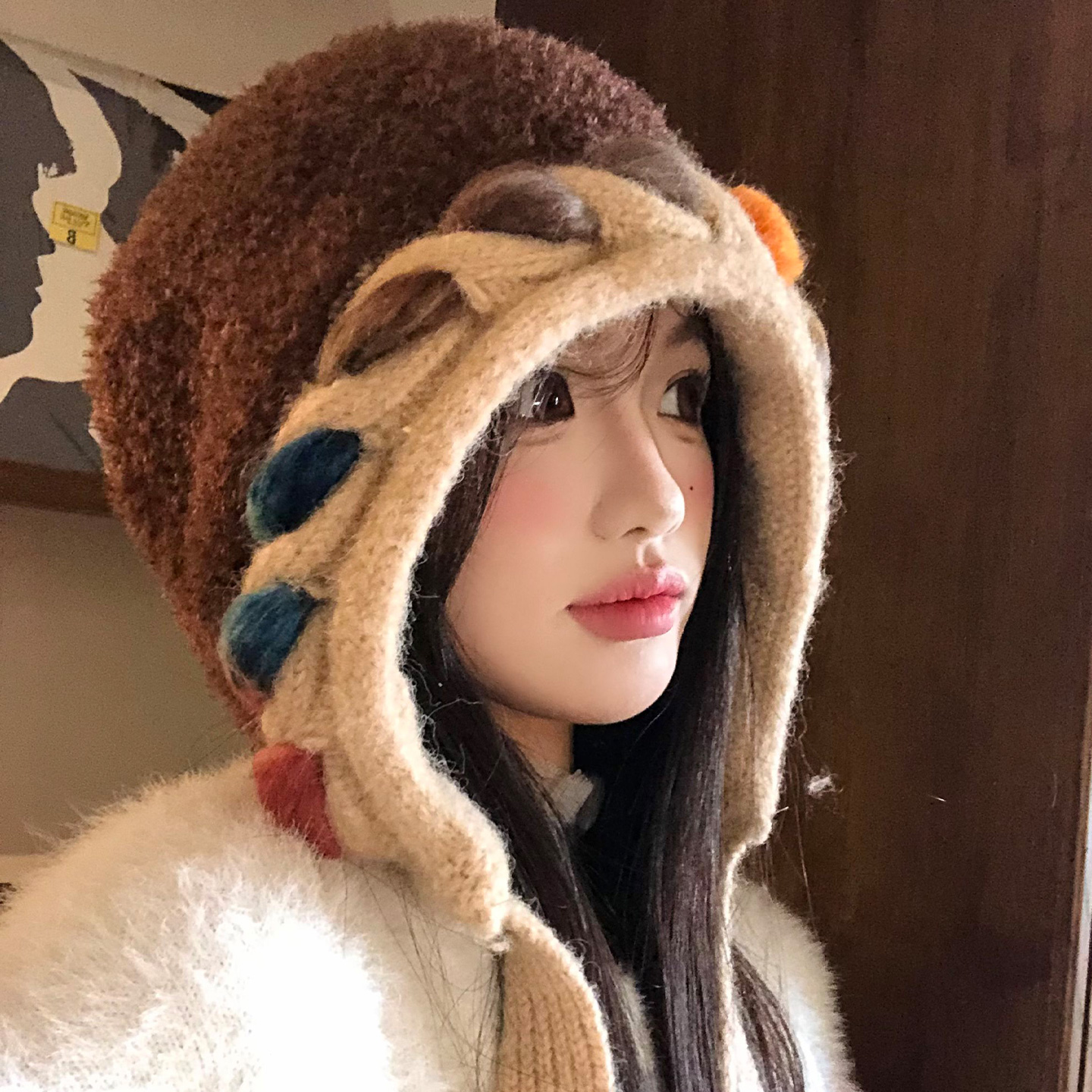 彩色绑带针织毛绒帽子女士冬季