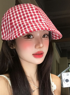 复古红色格子前进帽大头围百搭显脸小夏季薄款时尚日系贝雷帽子女