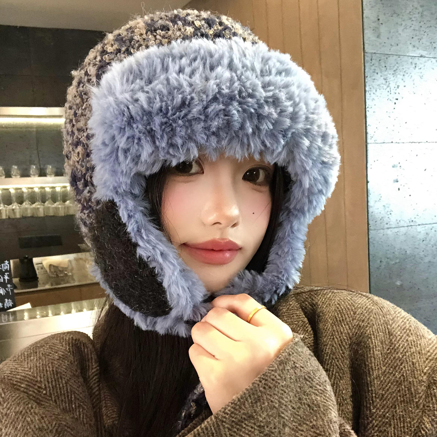 复古拼色毛绒护耳雷锋帽子女秋冬