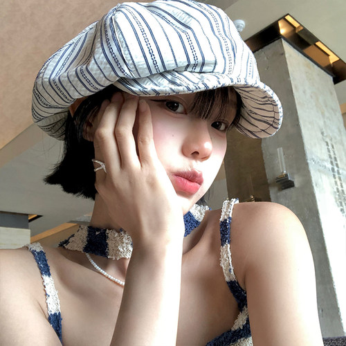 复古条纹褶皱贝雷帽女春夏季百搭