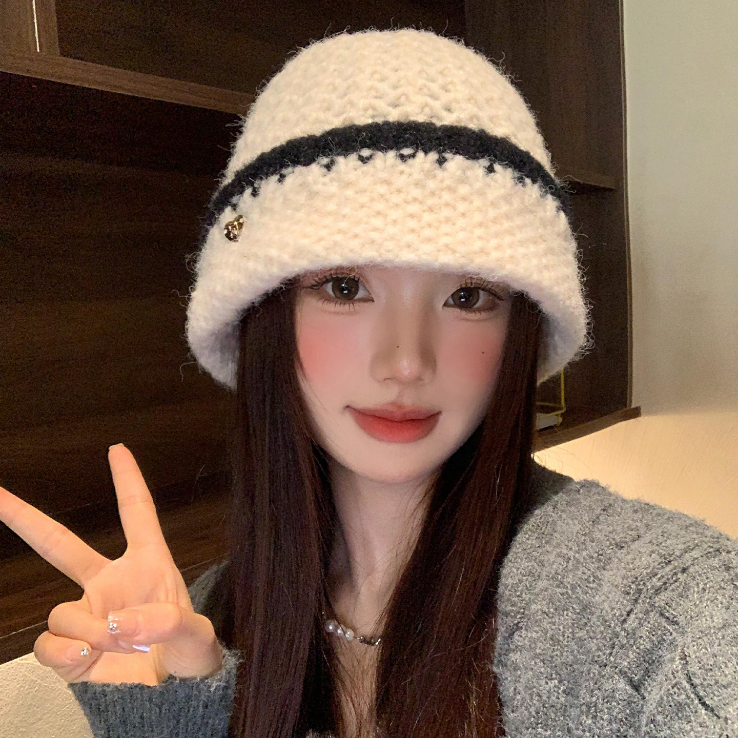 韩系简约白色针织毛线帽女秋冬