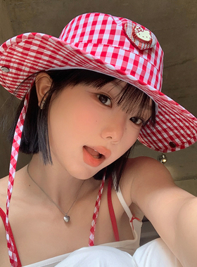可爱kitty猫红色格子渔夫帽女春夏季新款遮阳防晒大头围登山帽子