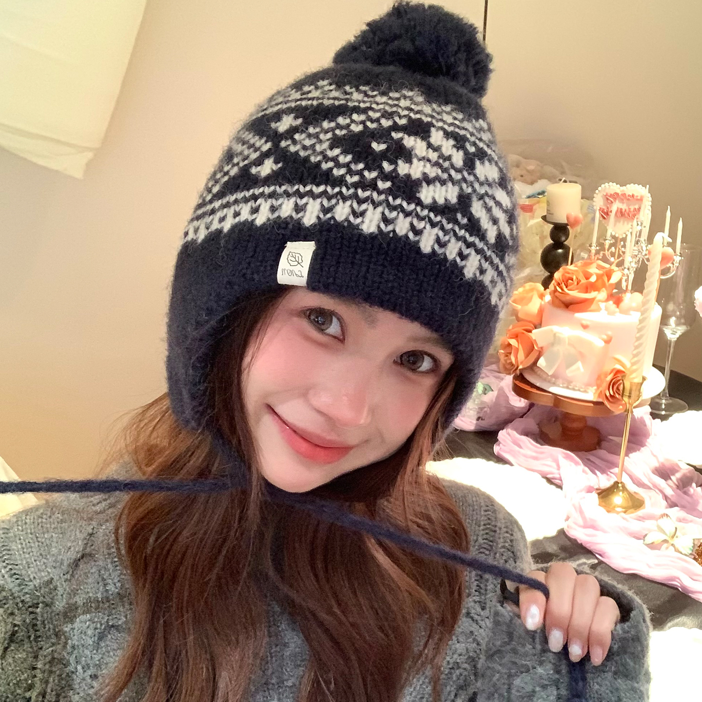 费尔岛藏青色针织毛线帽女秋冬