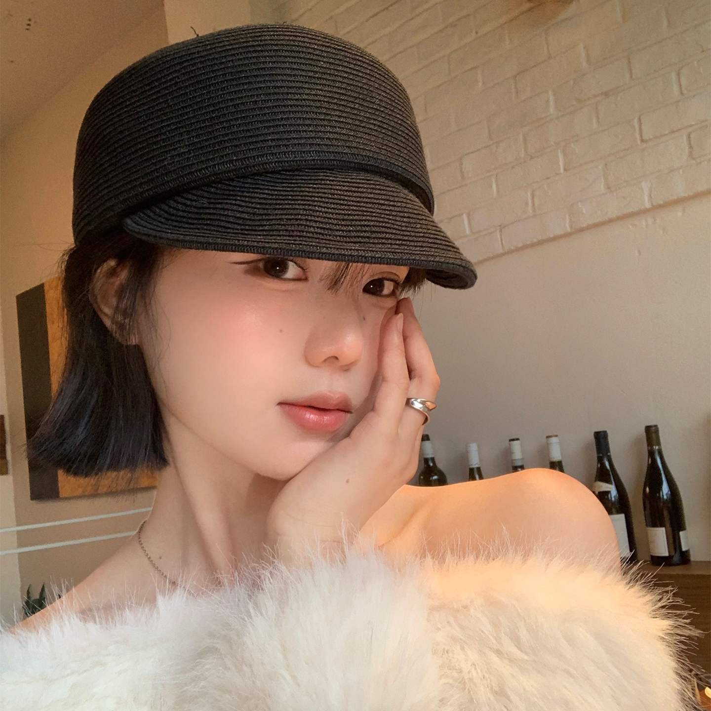 小香风复古气质草编鸭舌帽子女