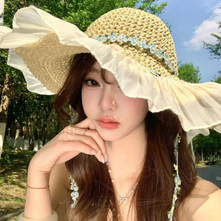 蕾丝花边镂空草帽女夏大帽檐防紫外线草编渔夫帽子海边沙滩遮阳帽