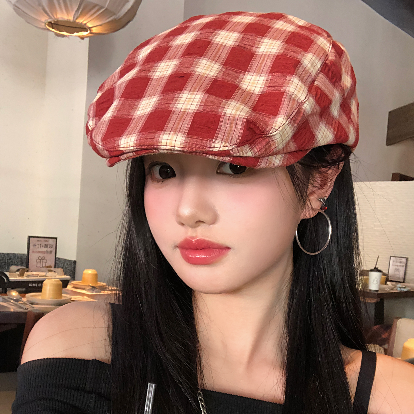 日系复古红色格纹前进帽女文艺