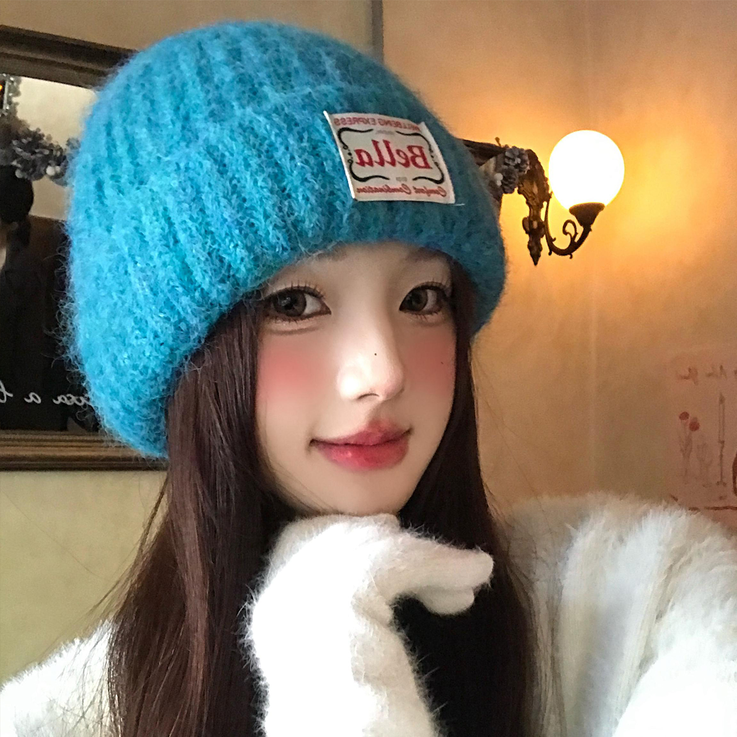 大头围蓝色加厚保暖毛线帽子女秋