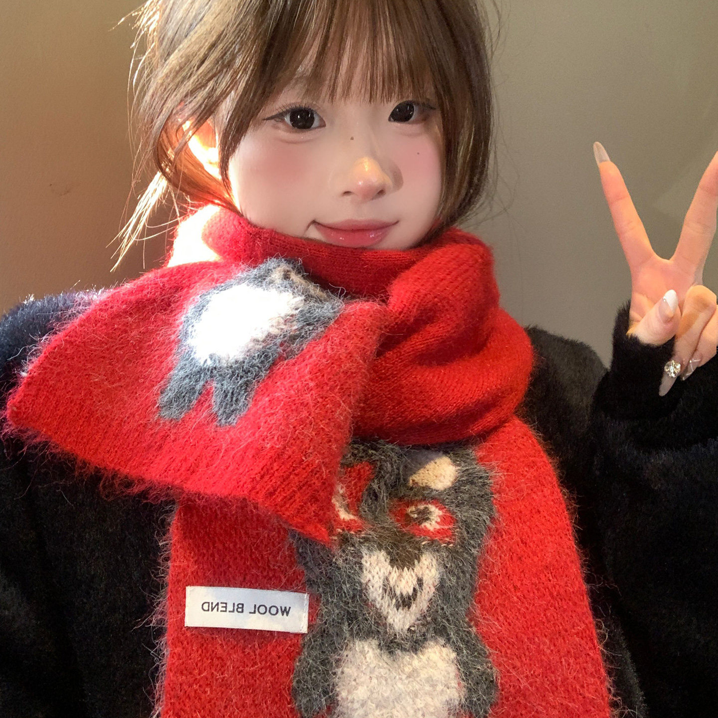 红色考拉针织毛线围巾女秋冬保暖