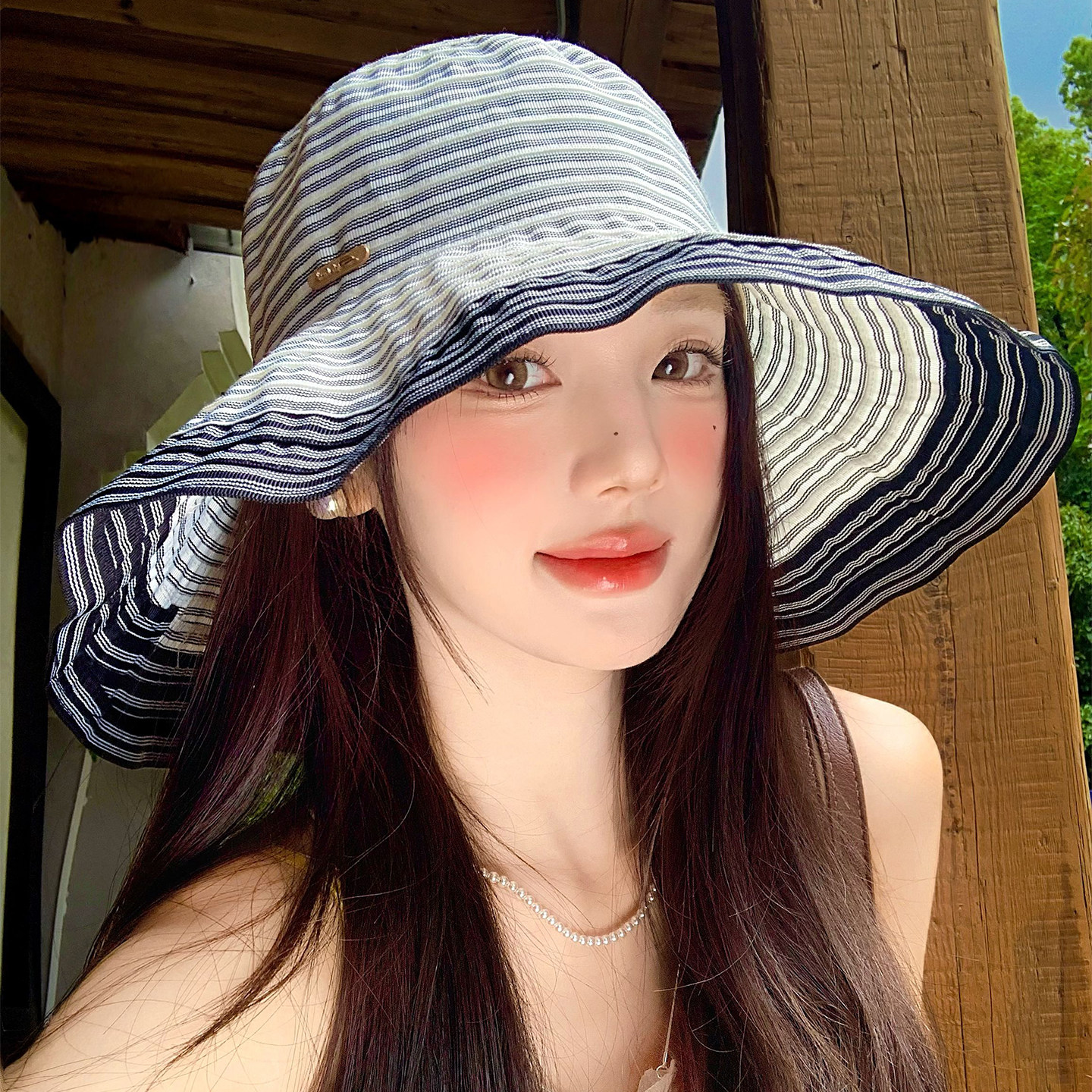 可折叠条纹户外渔夫帽女夏季薄款图片