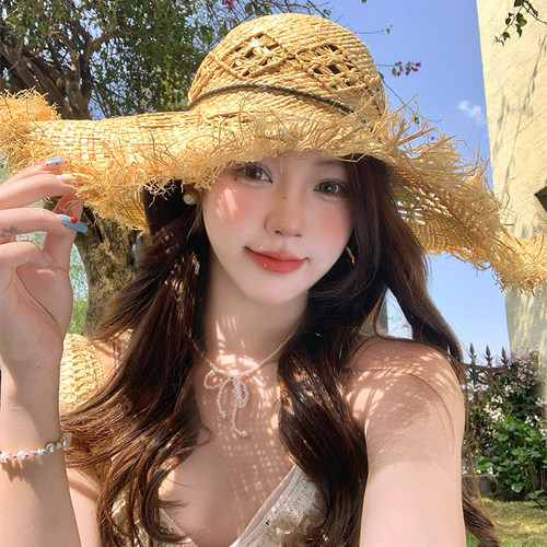 法式镂空拉菲草帽女夏大帽檐海边