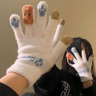 可爱毛绒针织五指手套女士冬季 保暖加厚软糯学生触屏骑车防寒防风