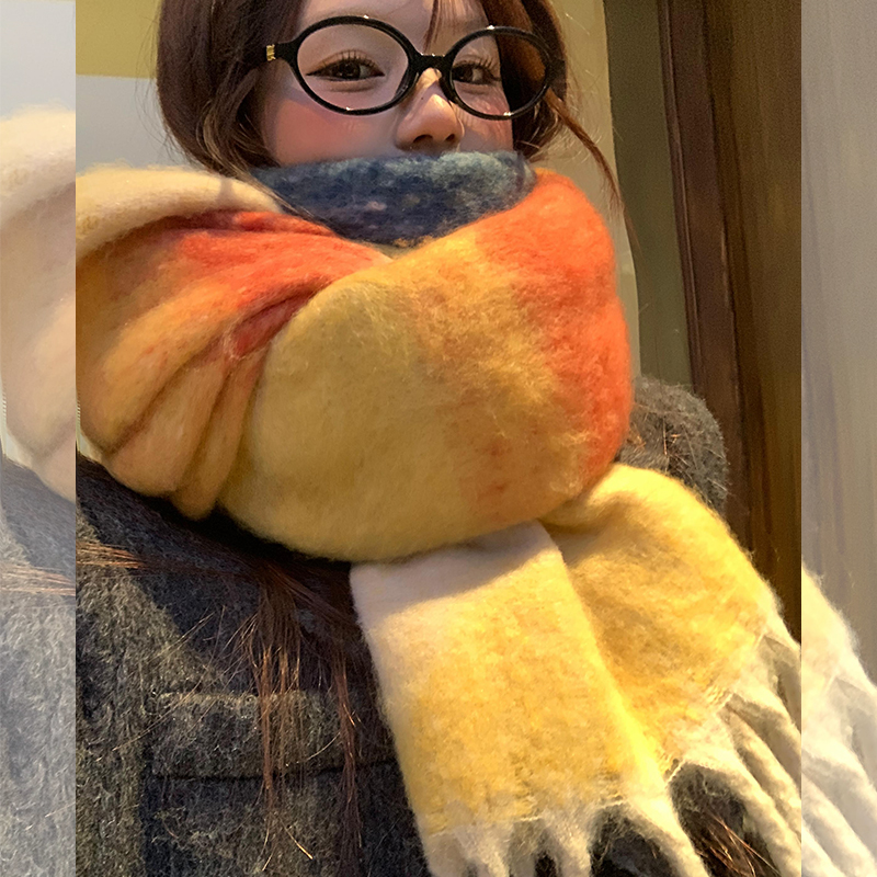 彩色渐变马海毛流苏围巾女秋冬季