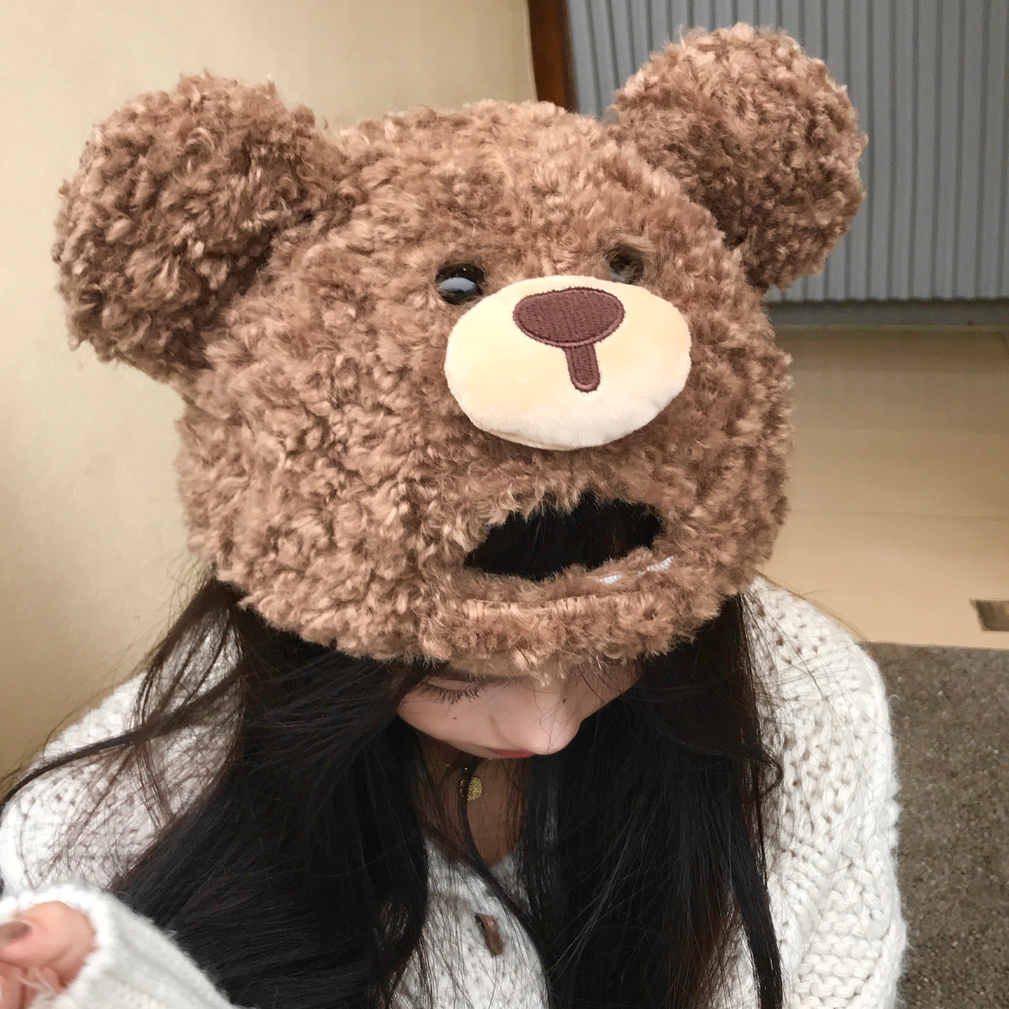 可爱小熊耳朵羊羔绒棒球帽女秋冬