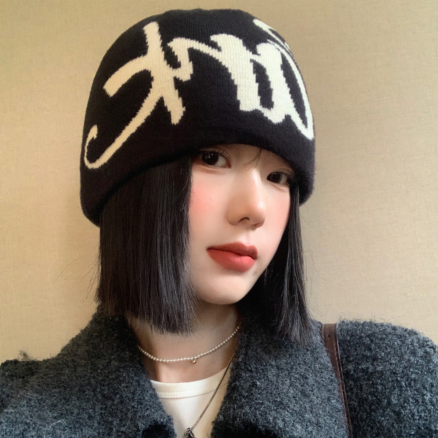 美式字母提花针织毛线帽子女秋冬