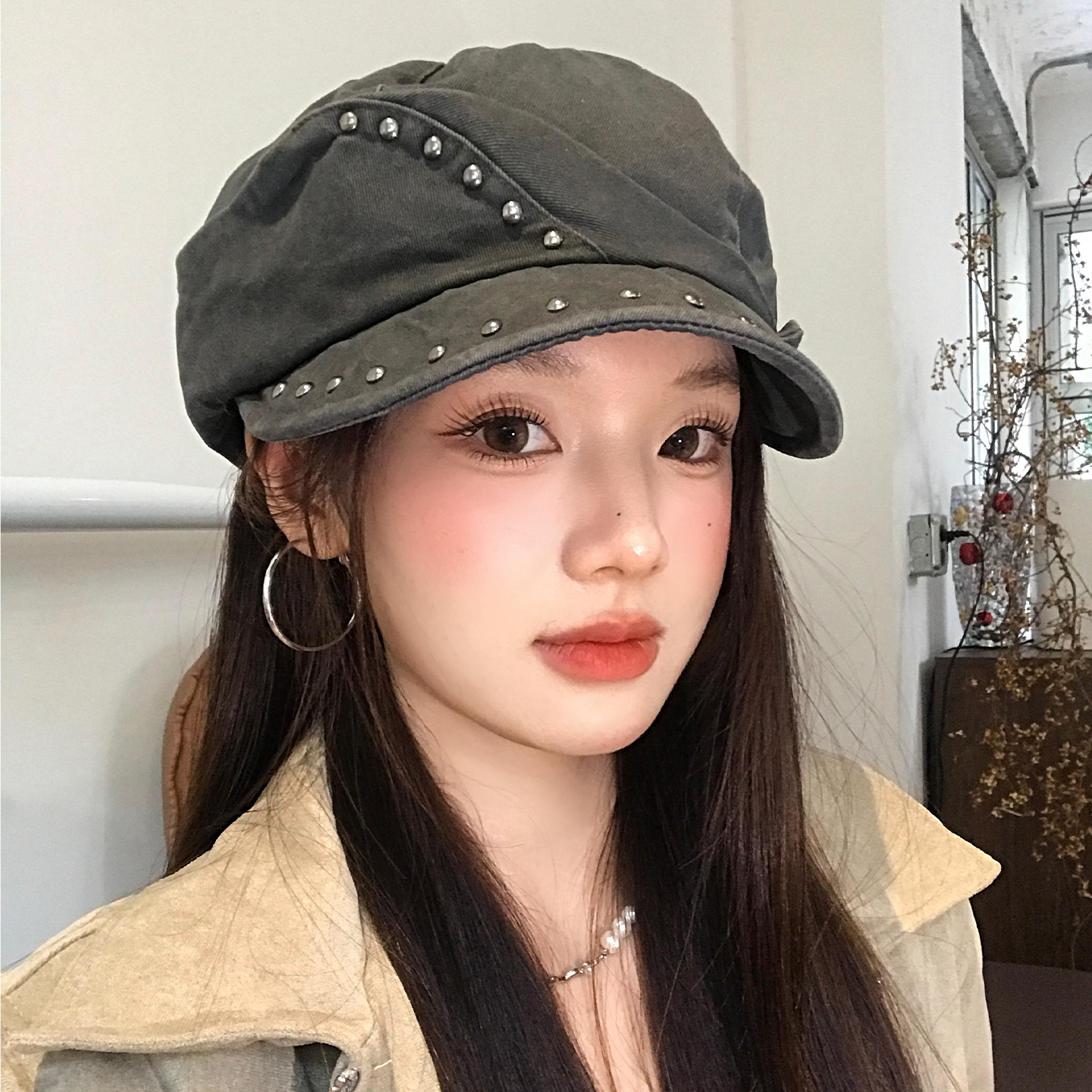 美式复古铆钉贝雷帽女小众辣妹