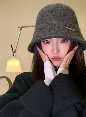 高级感灰色针织渔夫帽女秋冬季百搭帽子大头围显脸小日系小众盆帽
