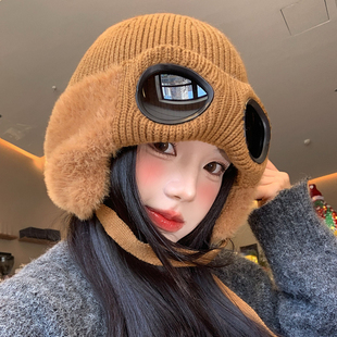 韩版护目镜飞行帽女冬季户外骑行保暖防风护耳针织帽防寒雷锋帽子