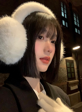 可爱白色毛绒耳罩女2026年秋冬季