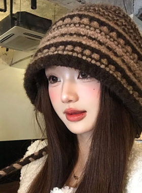 大头围美拉德复古棕色毛线帽女冬