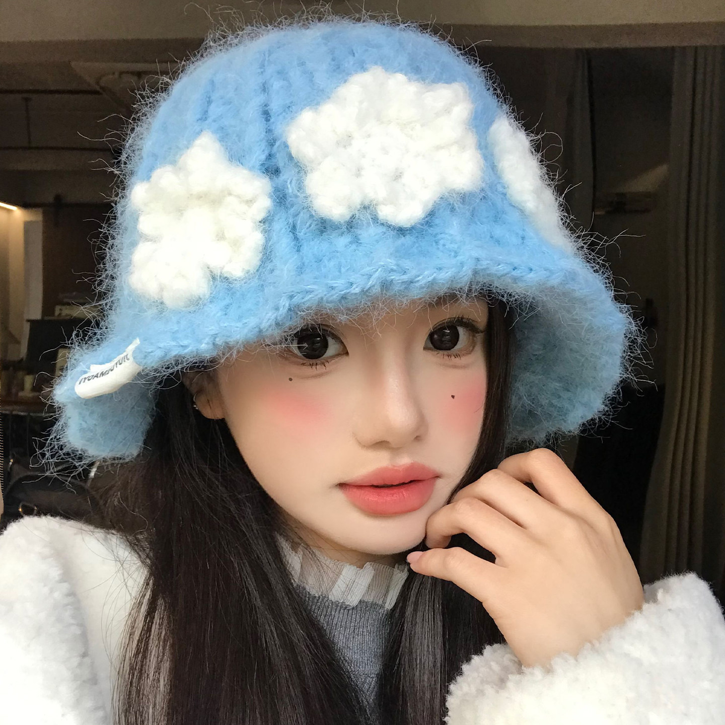 手工钩针蓝色立体花朵针织渔夫帽女士冬季保暖盆帽高级感毛线帽子,服饰配件/皮带/帽子/围巾,帽子,淘宝优惠券,粉丝福利购,淘宝优惠卷