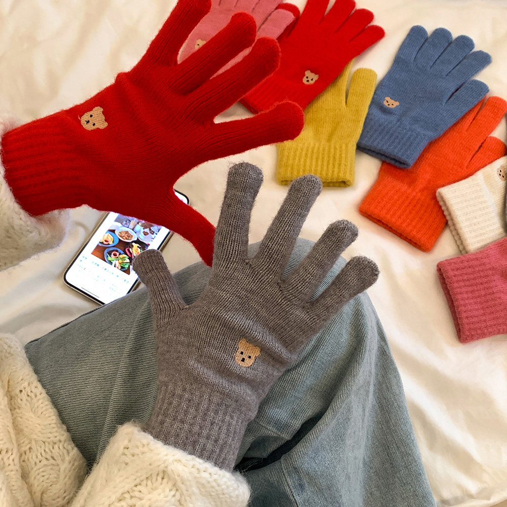 CUTE BEAR FINGER KNITTED WOOLEN GLOVES FEMALE AUTUMN AND WINTER 2023 NEW WINDPROOF WARM SOLID COLOR STUDENT TIDE