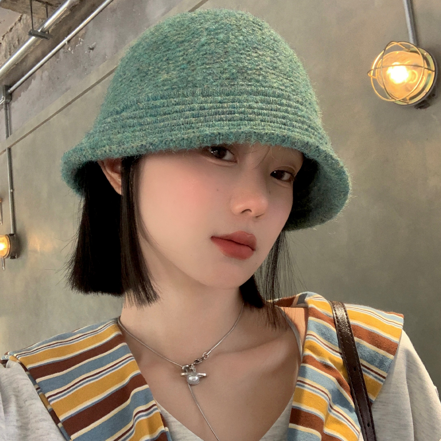 绿色复古针织渔夫帽女秋冬毛线