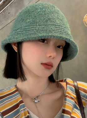 绿色复古针织渔夫帽女秋冬毛线防寒盆帽日系显脸小大头围水桶帽子