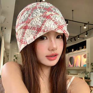 韩系蕾丝格纹包头帽女夏季薄款透气堆堆帽2025新款显脸小冷帽子潮