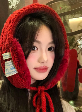 红色针织绑带毛线耳罩女冬季加厚