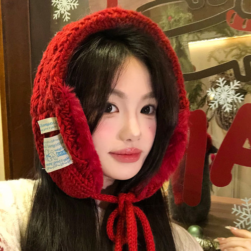 红色针织绑带毛线耳罩女冬季加厚