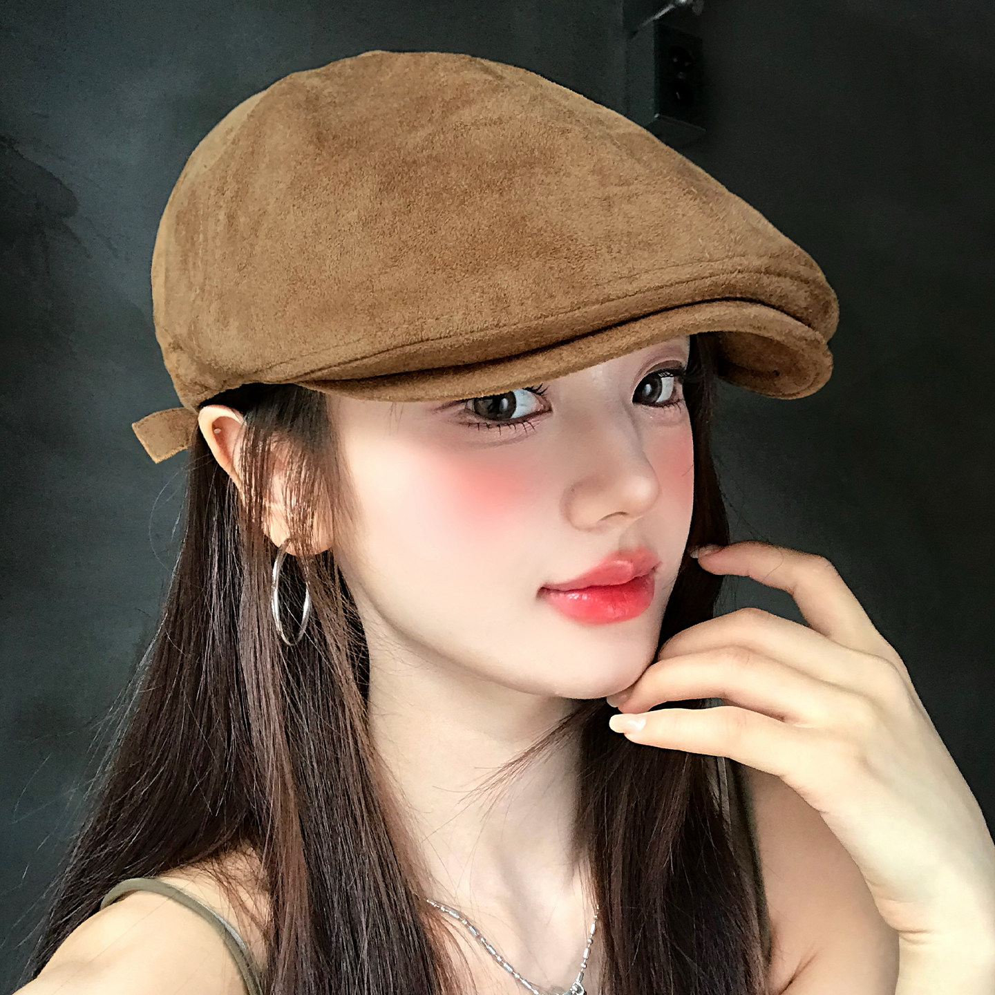 麂皮绒前进帽女秋季复古时髦大头围鸭舌帽子显脸小英伦报童贝雷帽