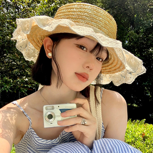 蕾丝花边平顶麦秆草帽女夏季 大帽檐遮阳帽子度假风海边沙滩太阳帽