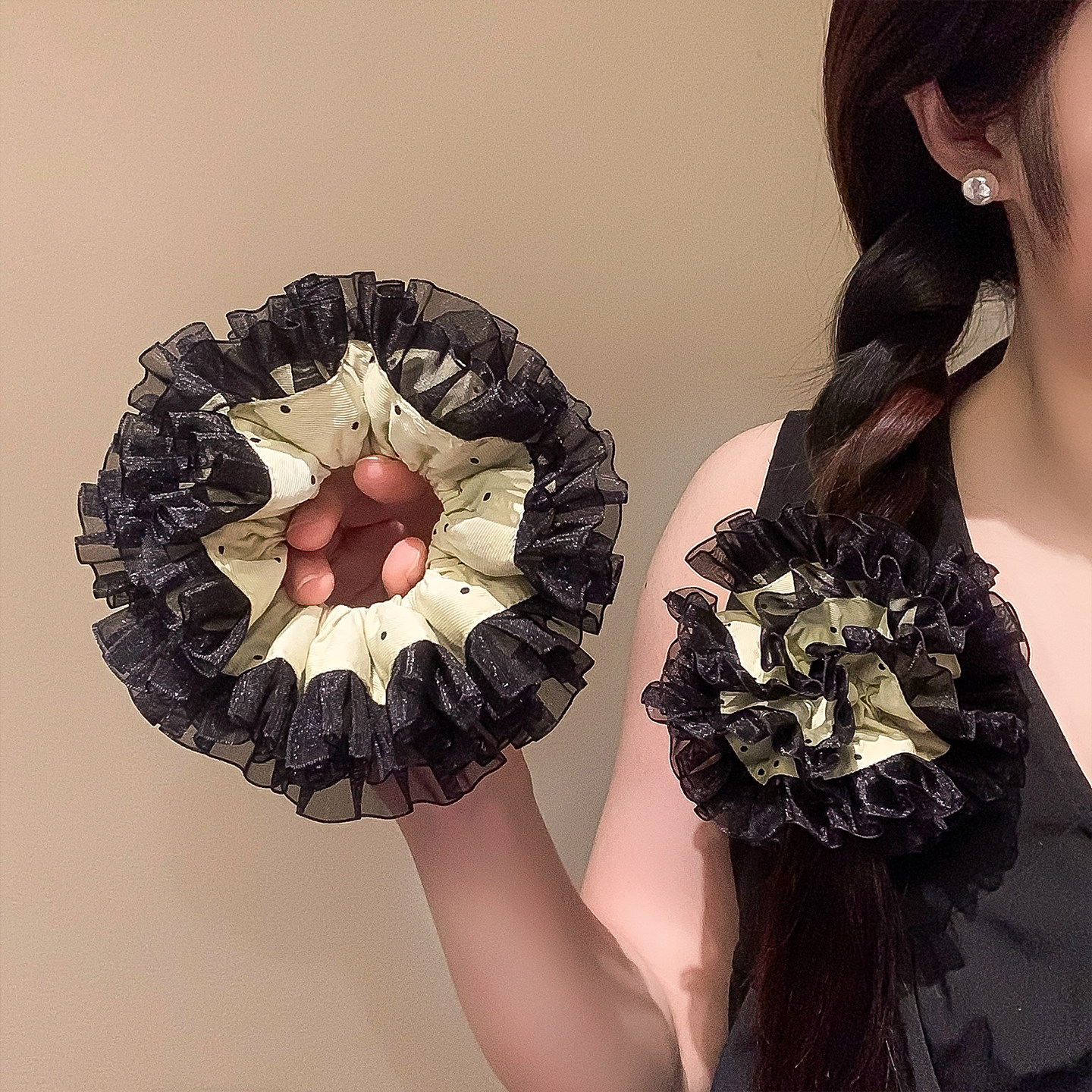 气质波点蕾丝黑色双层大肠发圈女高级感扎头发丸子头绳低马尾发饰,饰品/流行首饰/时尚饰品新,发饰,淘宝优惠券,粉丝福利购,淘宝优惠卷