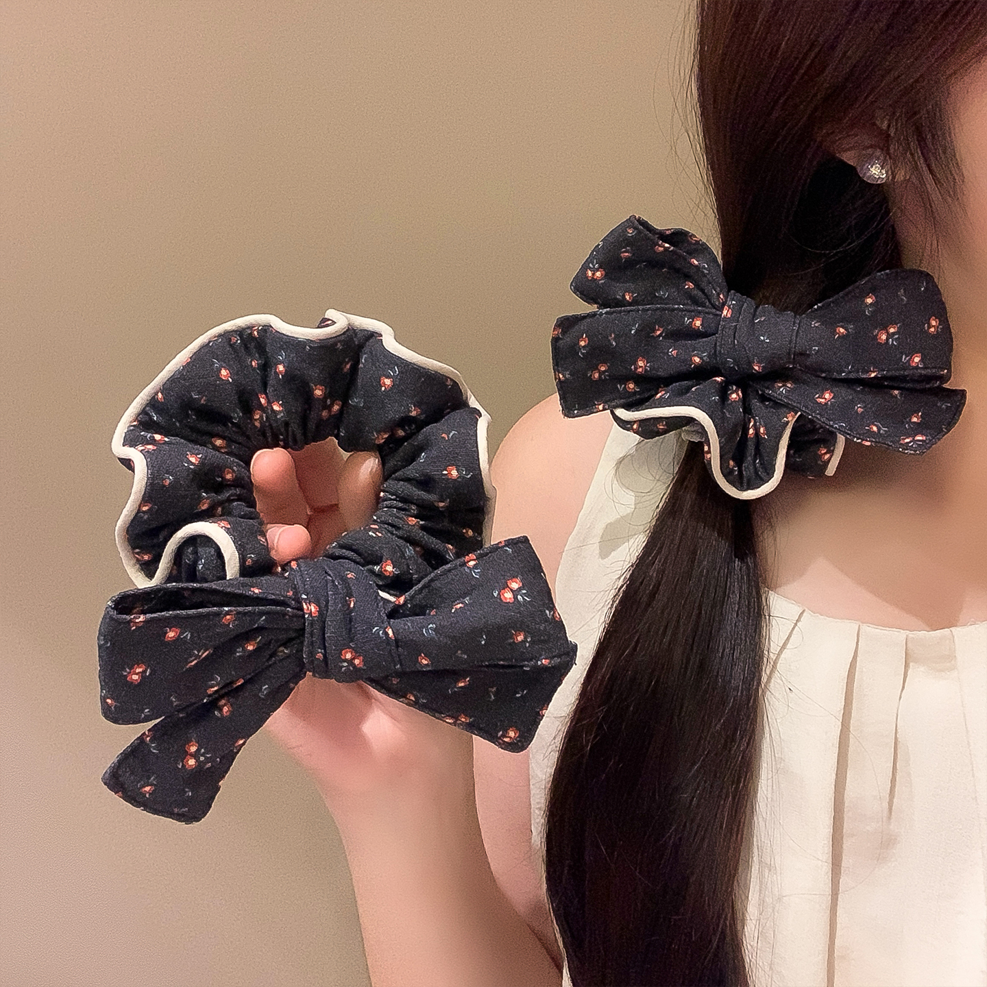 碎花蝴蝶结大肠发圈女韩系甜美