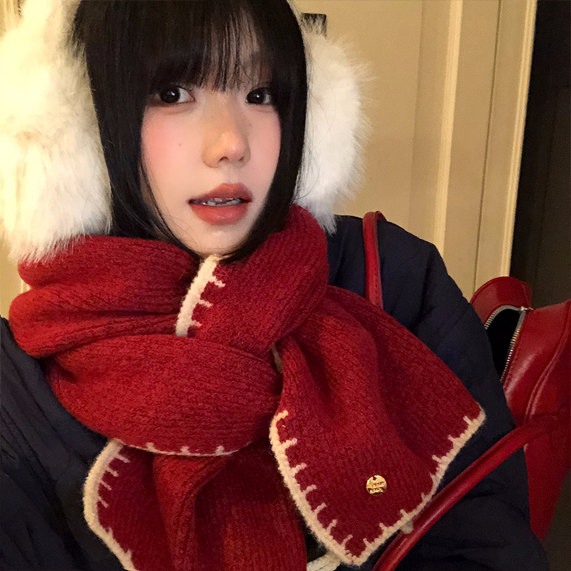 新年红色锁边针织围巾女2025新款