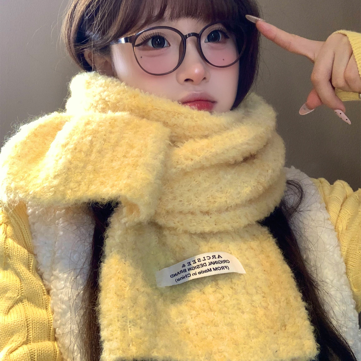 软糯黄色针织围巾女秋冬保暖加厚