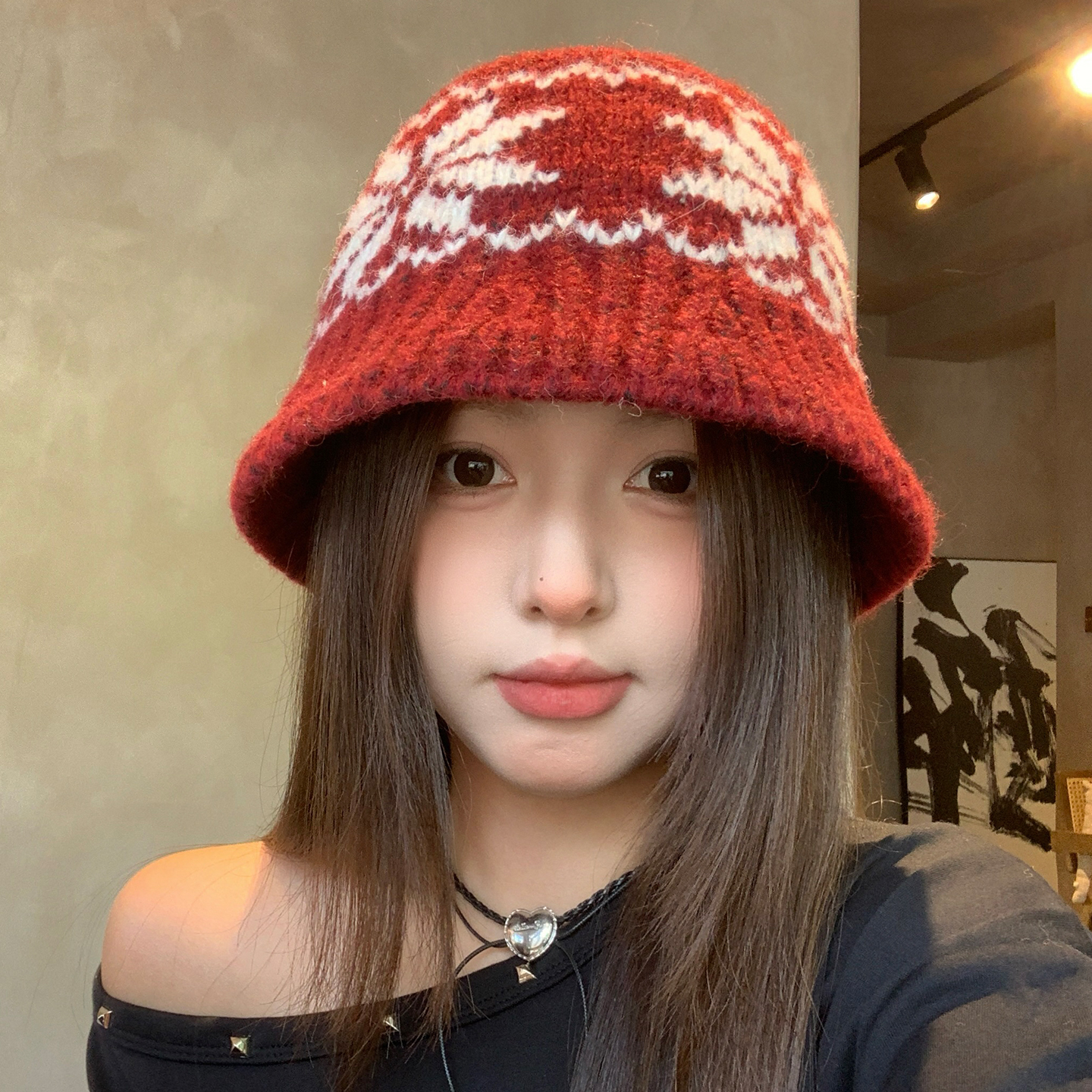 复古红色雪花针织毛线帽女秋冬