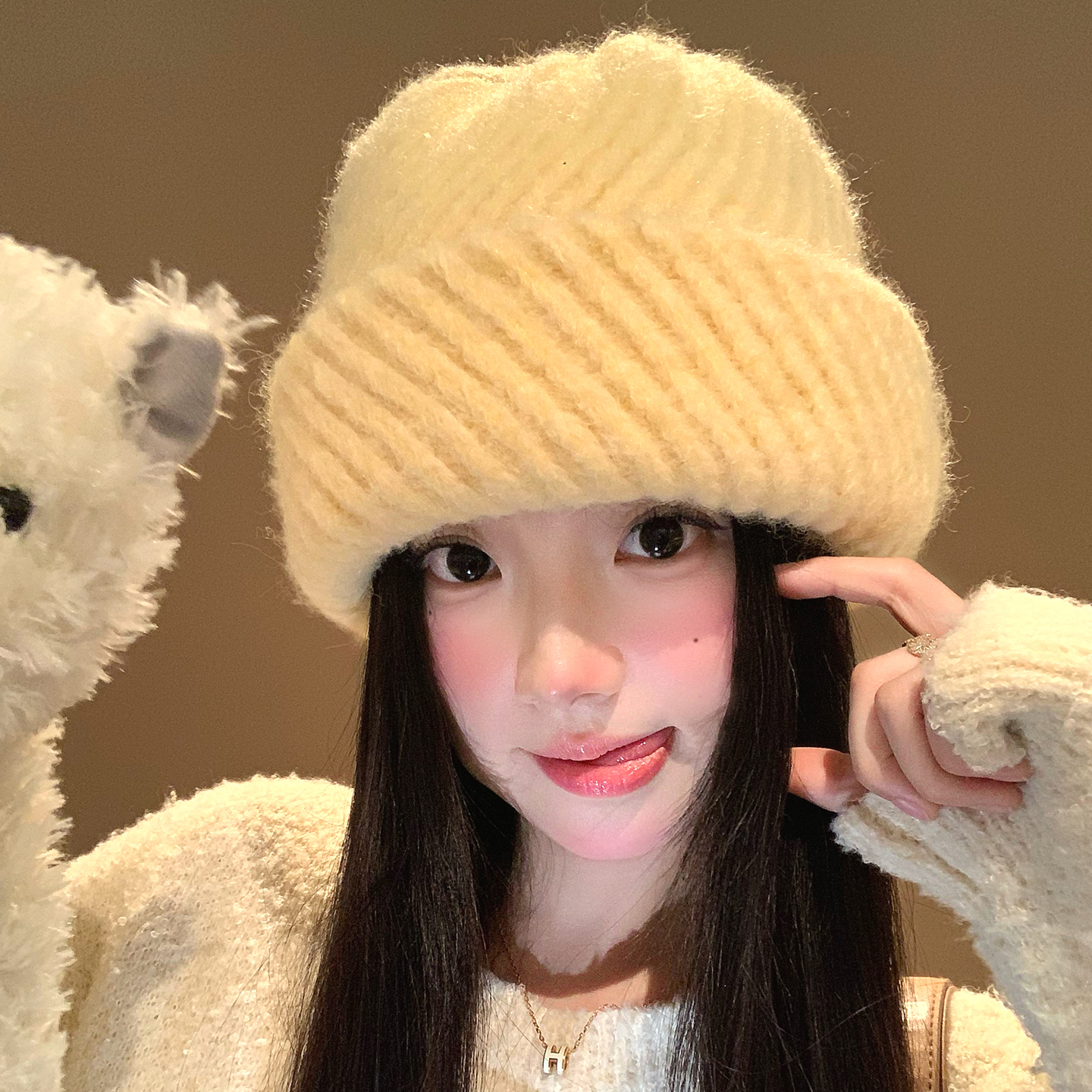 韩系大头围黄色条纹毛线帽女秋冬