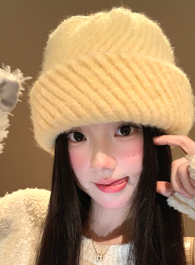 韩系大头围黄色条纹毛线帽女秋冬加厚冷帽保暖防寒显脸小针织帽子
