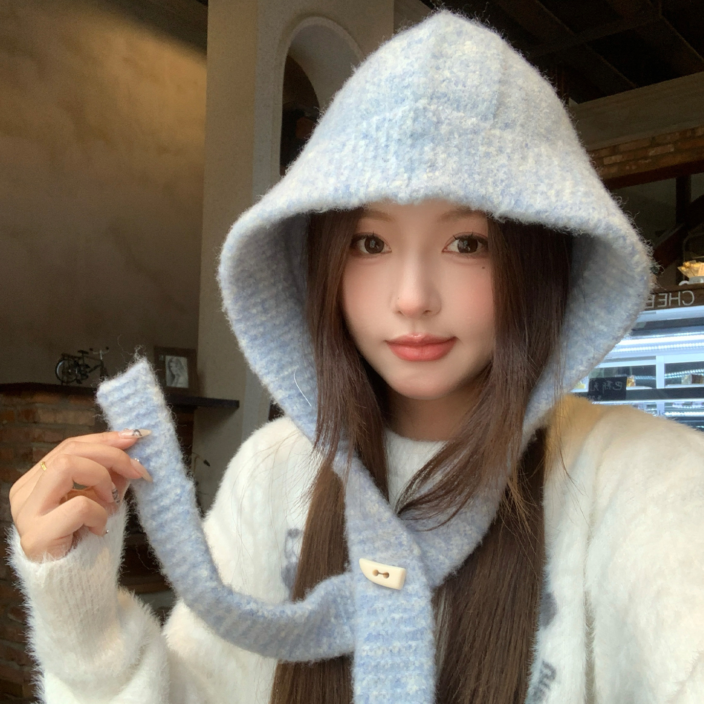 蓝色巴拉克拉法帽女秋冬保暖针织帽子围巾一体加厚百搭防寒毛线帽