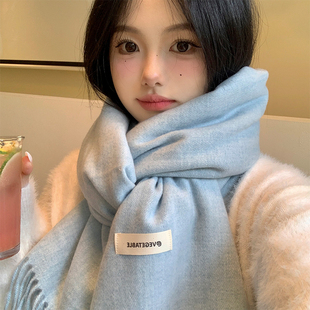 韩系氛围感蓝色针织围巾女2025年秋冬季 纯色百搭加厚保暖学生围脖