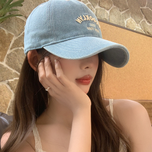 水洗牛仔刺绣字母棒球帽女韩版 百搭宽帽檐显脸小鸭舌帽遮阳帽子潮