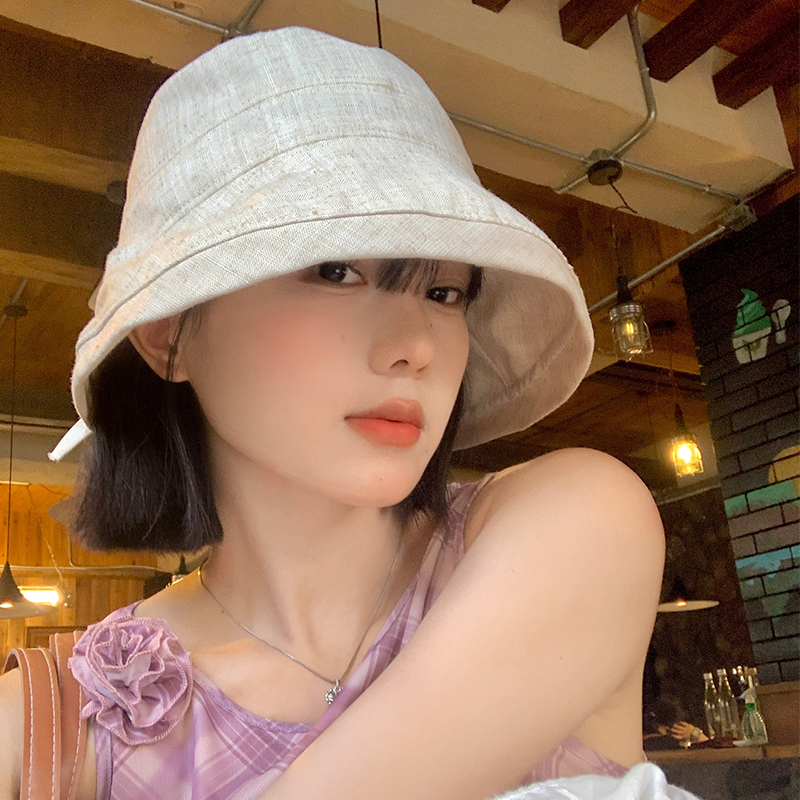 日系亚麻夏季渔夫帽女显脸小大头围盆帽遮阳遮脸防紫外线防晒帽子