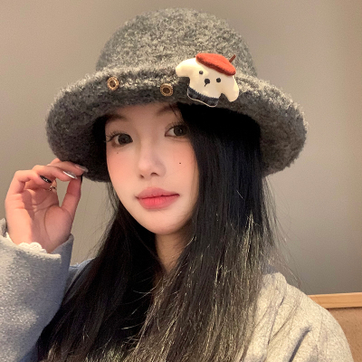 可爱小狗贴布羊羔毛卷边渔夫帽子