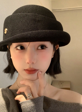 留洋千金感卷边黑色礼帽女春季高级感大头围优雅复古渔夫帽盆帽子