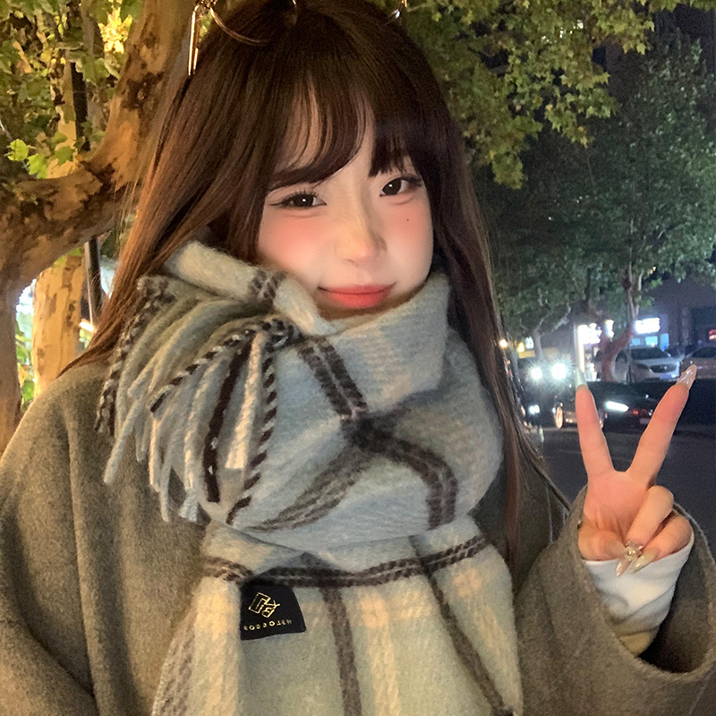 蓝色格子针织围巾女2025年秋冬季